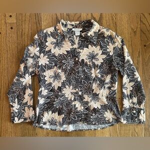 Linen Blend 3/4 Sleeve Button Up Floral Peplum Blouse, david n, Size Large